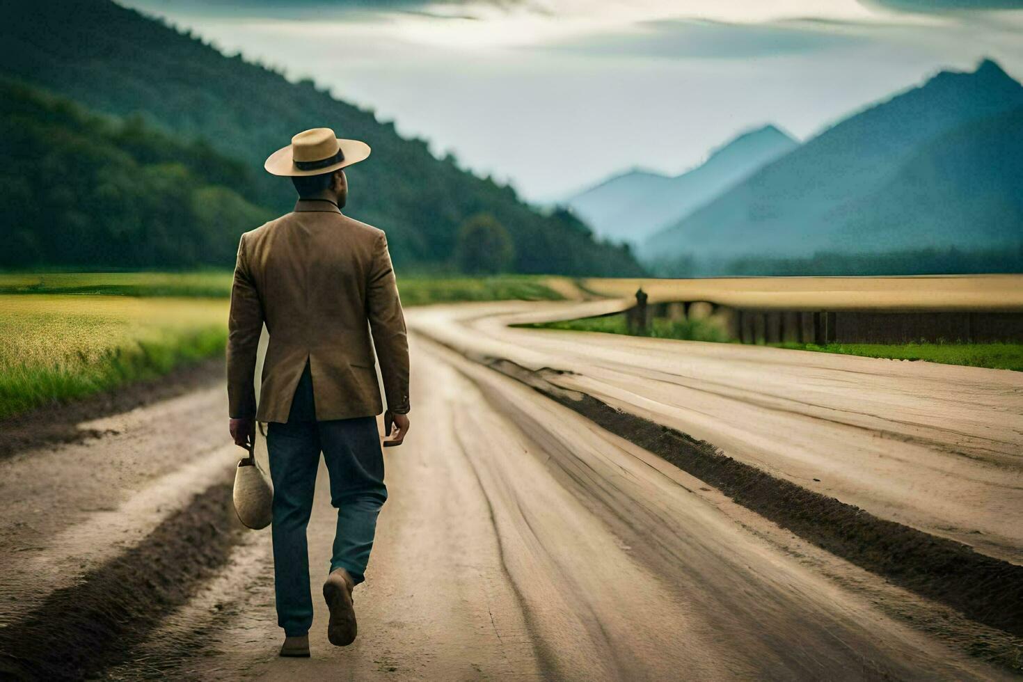 en man i en kostym och hatt promenader ner en smuts väg. ai-genererad foto