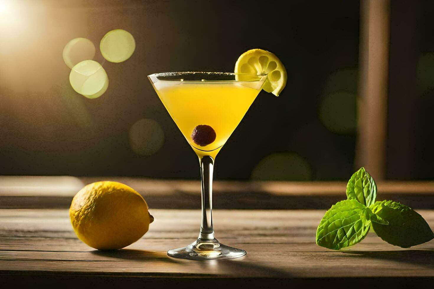 en cocktail med citron- och mynta på en trä- tabell. ai-genererad foto