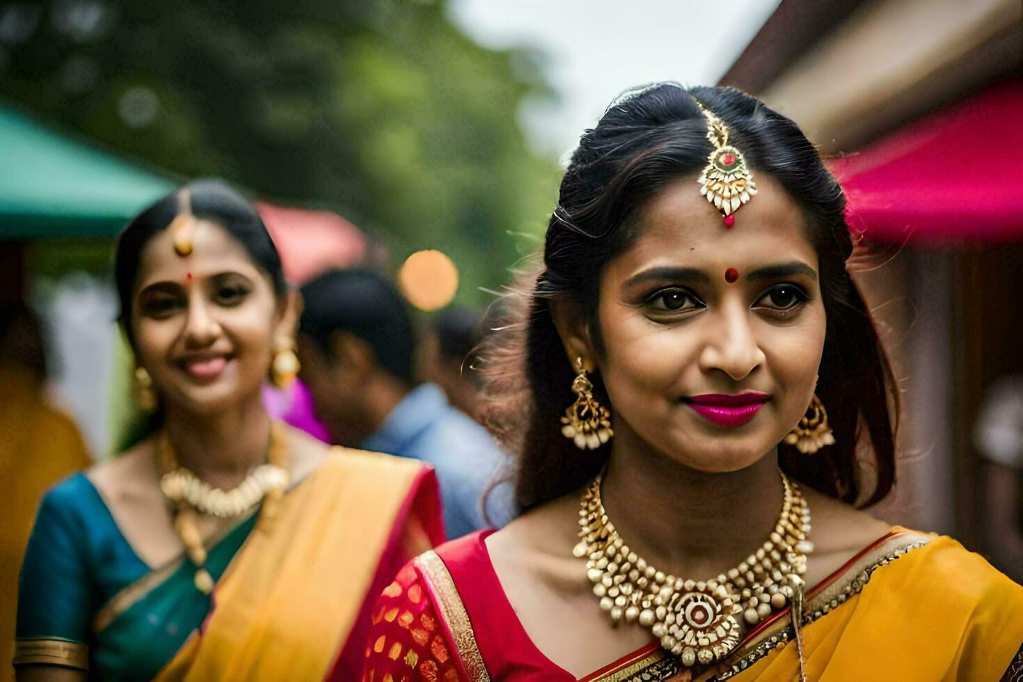 två kvinnor i traditionell saris och Smycken. ai-genererad foto