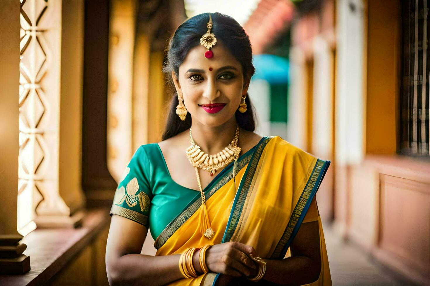 en kvinna i en gul sari och guld Smycken. ai-genererad foto