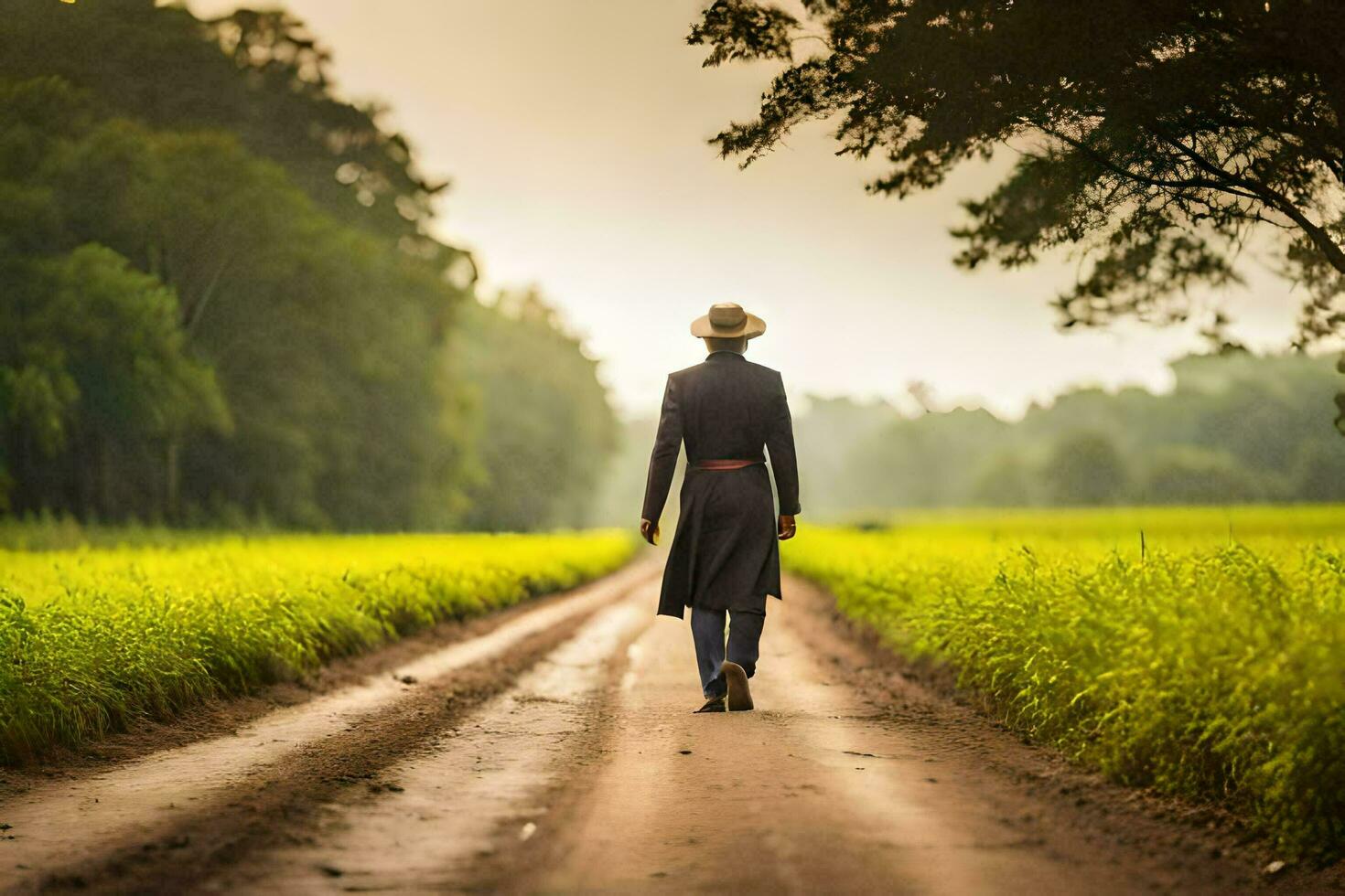 man i hatt gående ner en smuts väg. ai-genererad foto