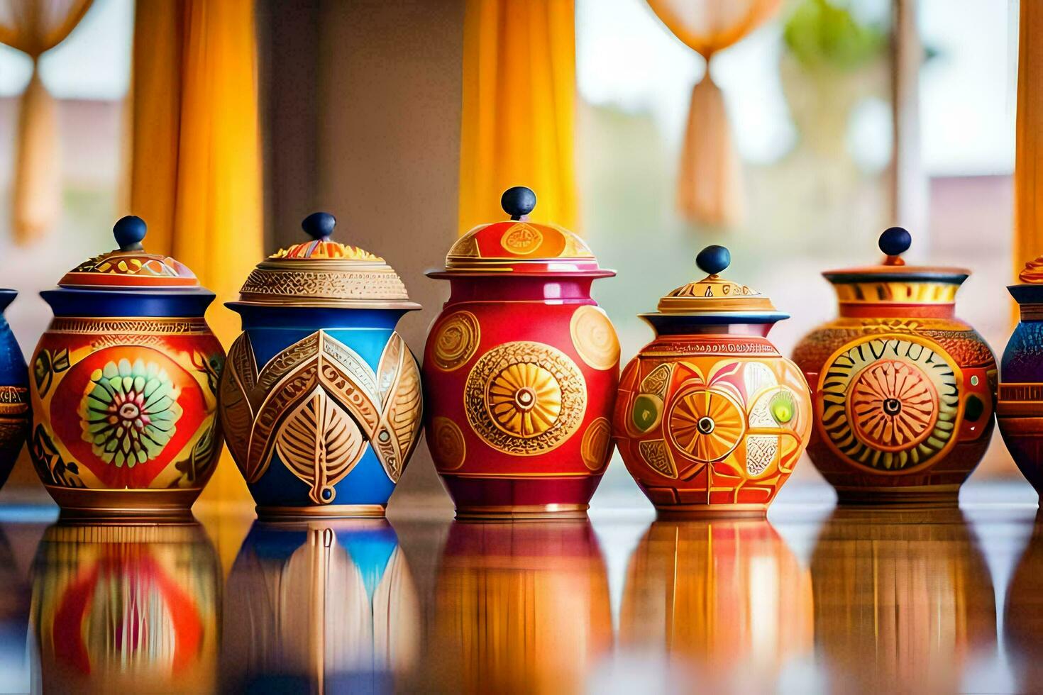 färgrik keramisk urnor på en tabell. ai-genererad foto