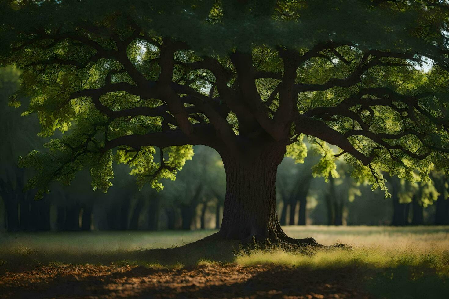 en stor träd i de mitten av en fält. ai-genererad foto