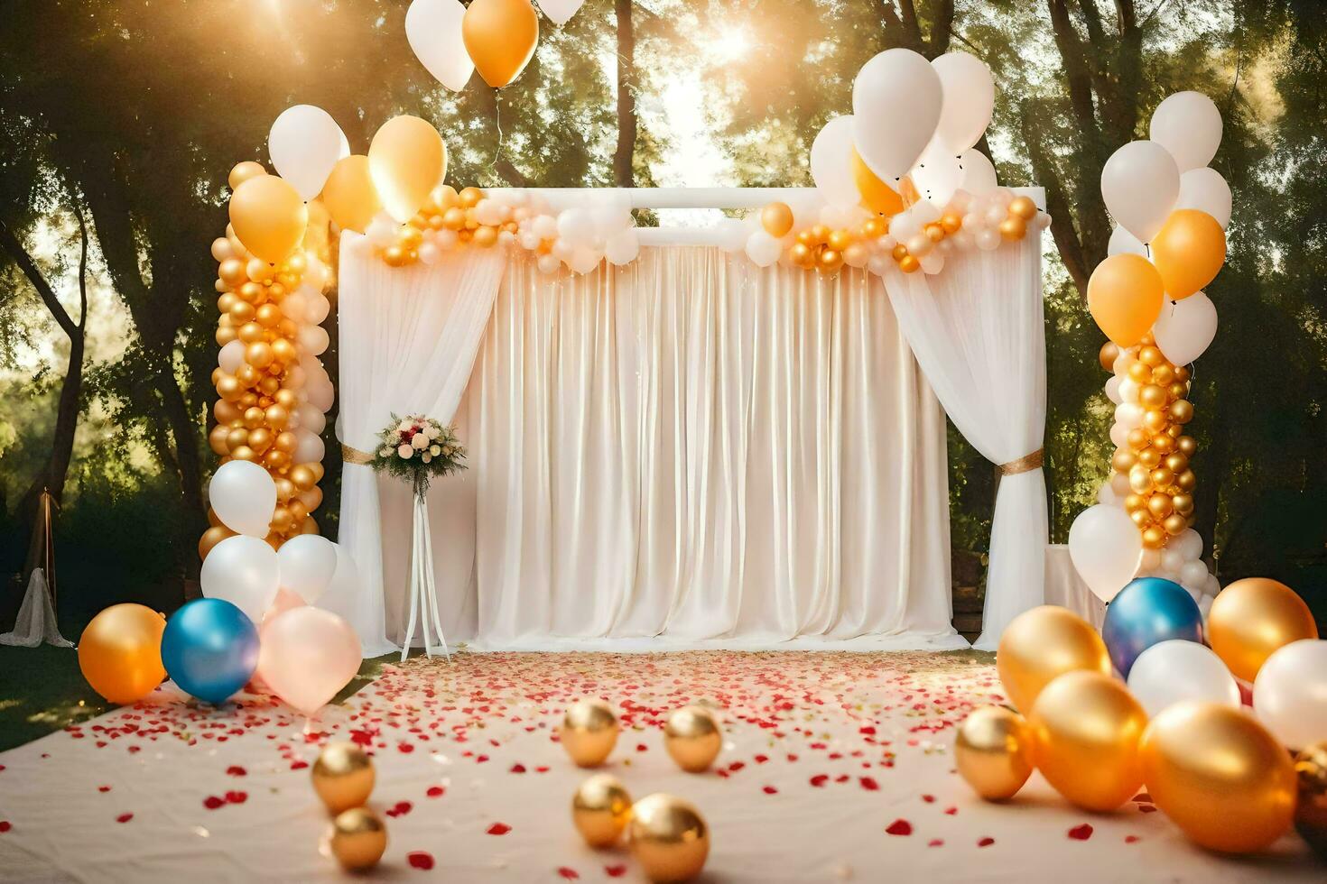 bröllop bakgrund med ballonger och vit gardiner. ai-genererad foto