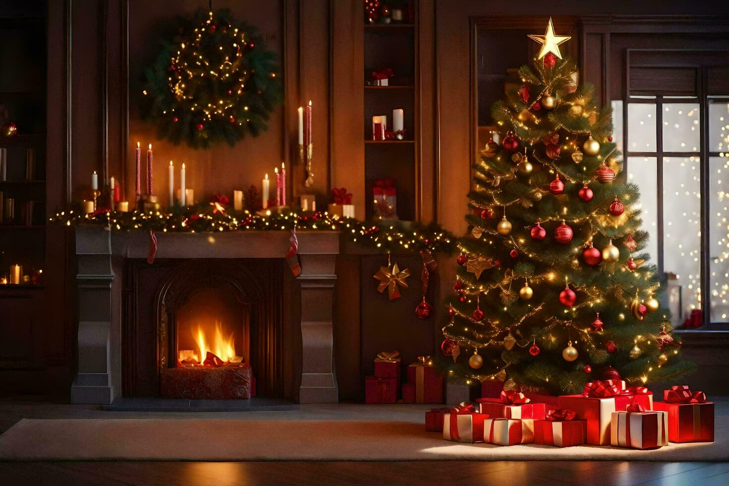 jul träd i en rum med öppen spis och presenterar. ai-genererad foto
