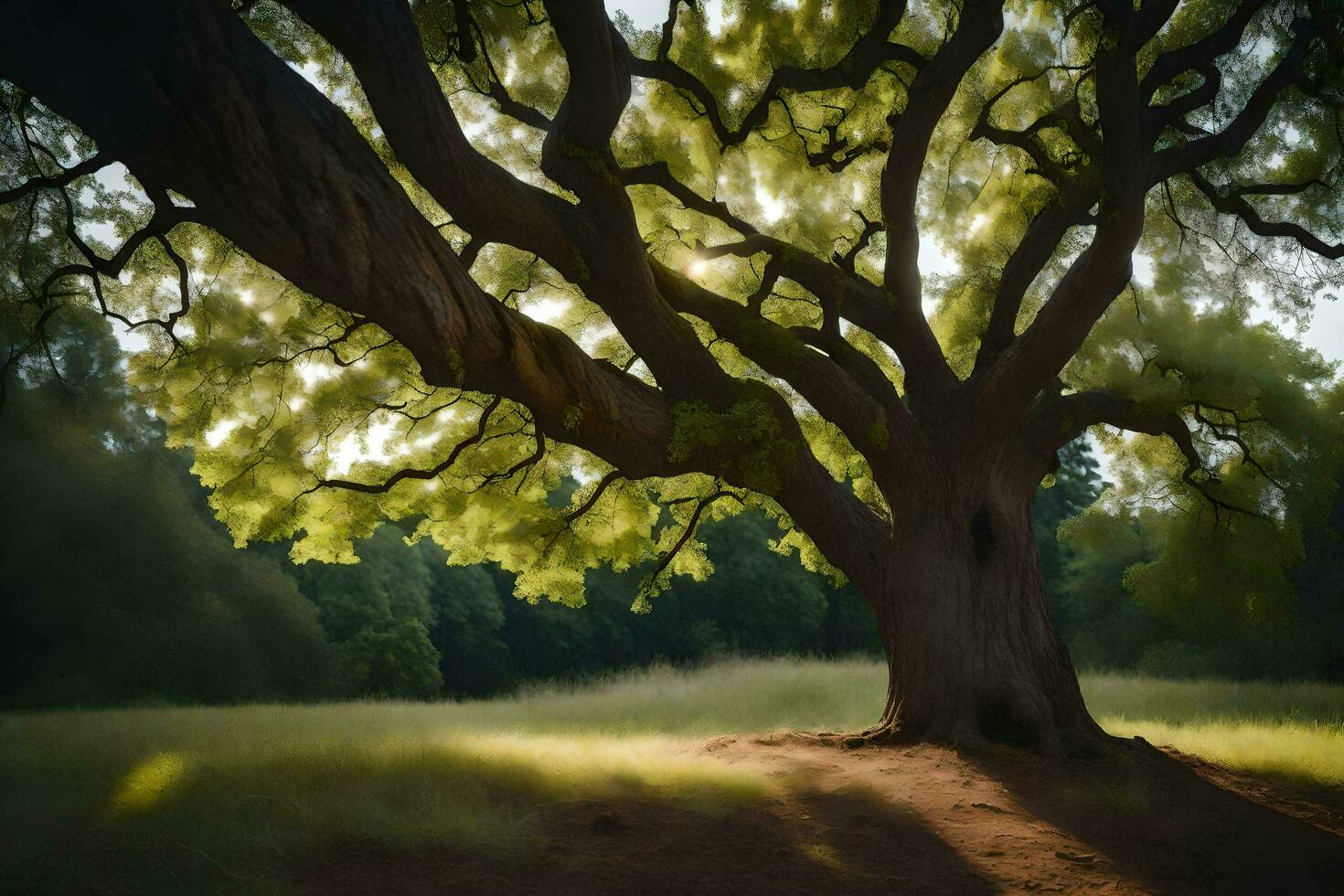 de Sol lyser genom de grenar av ett gammal träd. ai-genererad foto