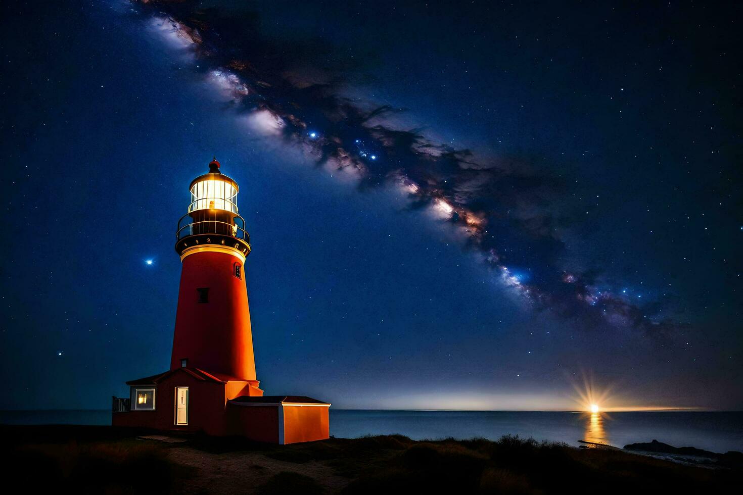 en fyr med stjärnor i de himmel och en mjölkig sätt. ai-genererad foto