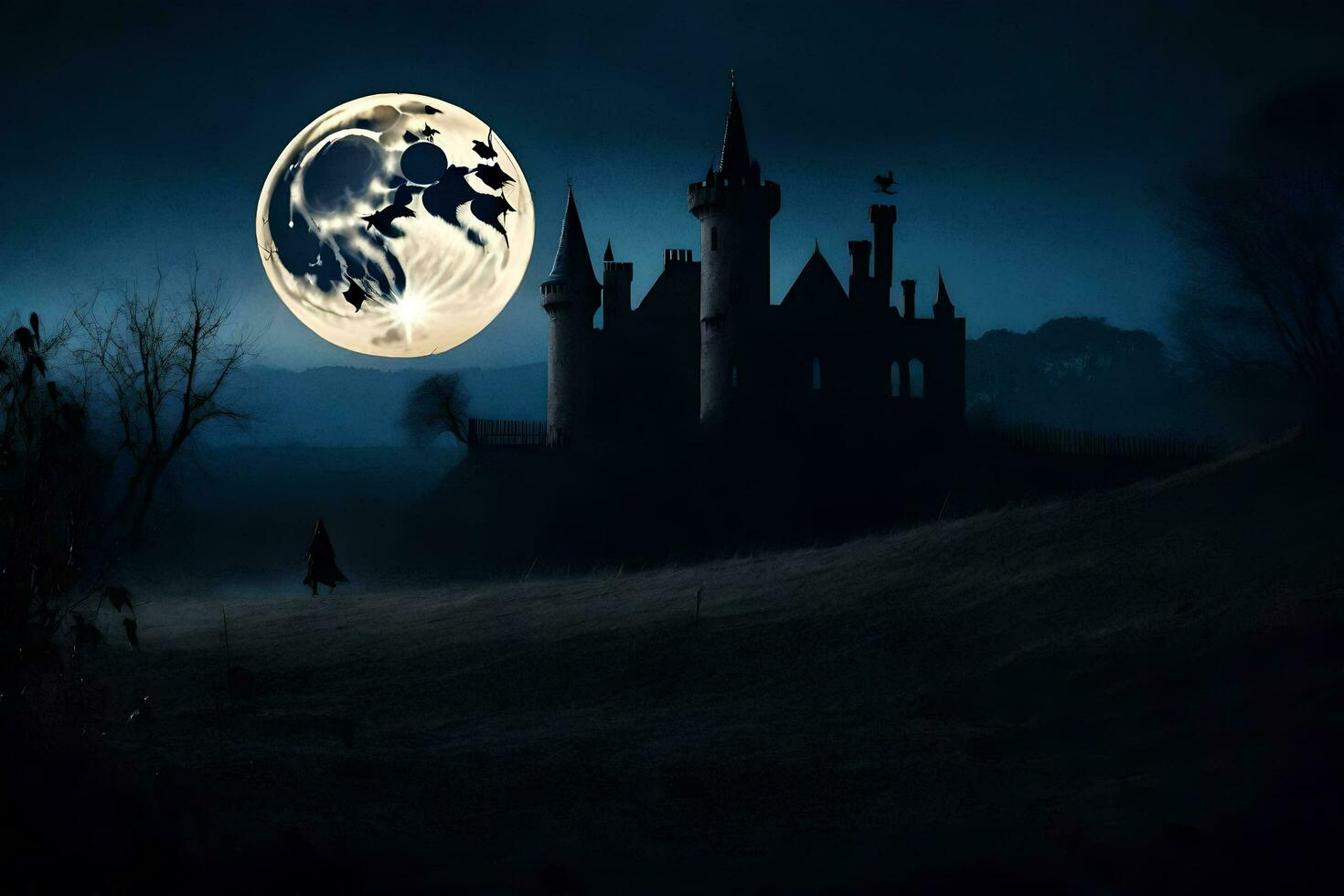 en slott i de natt med en full måne. ai-genererad foto