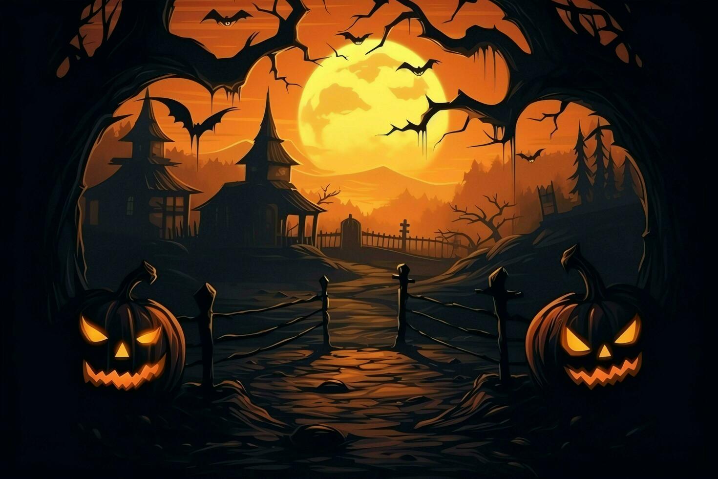 skrämmande pumpa och hus i natt av full måne på halloween firande begrepp. läskigt halloween bakgrund med pumpa. smutsig hus och pumpa på halloween firande begrepp förbi ai genererad foto