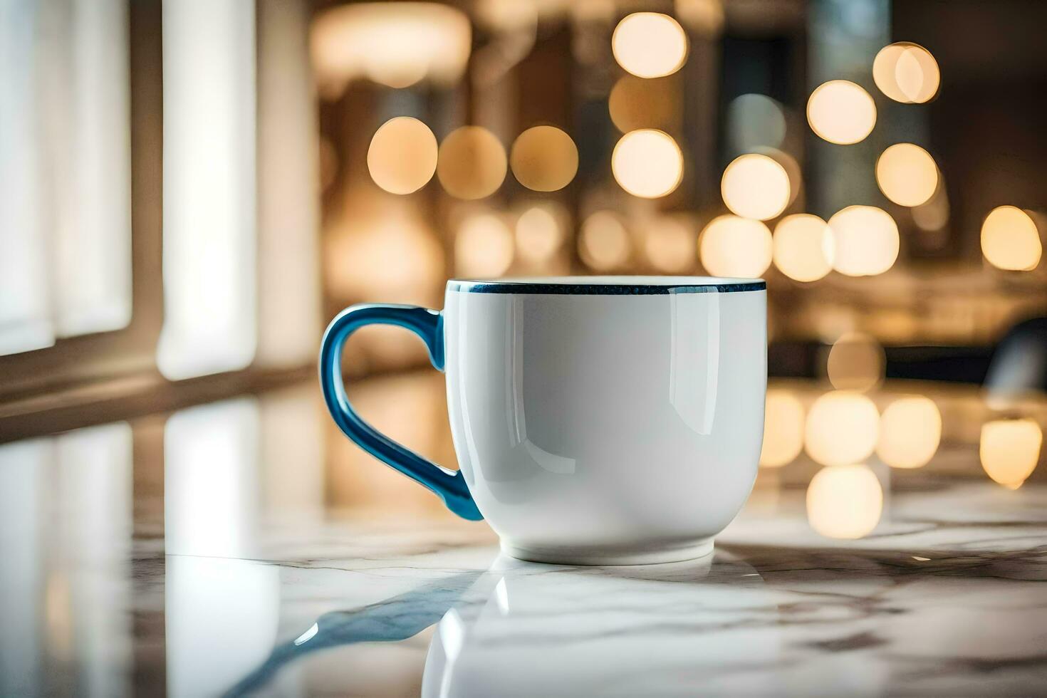 en kaffe kopp på en marmor disken i främre av en fönster. ai-genererad foto