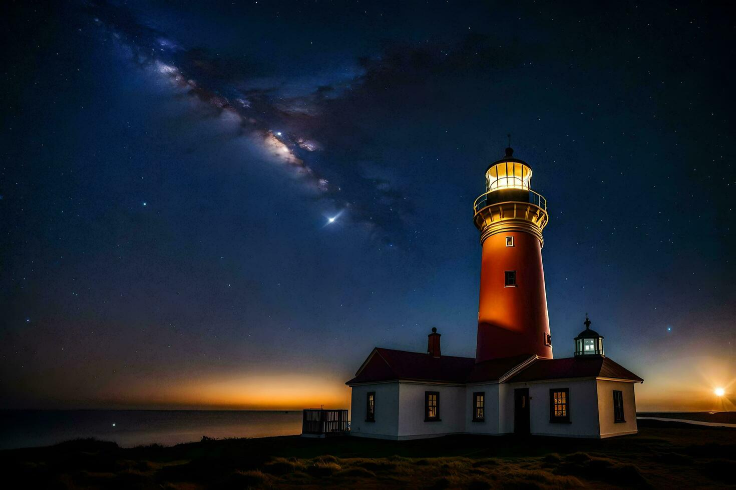 en fyr med en starry himmel och en fyr i de förgrund. ai-genererad foto