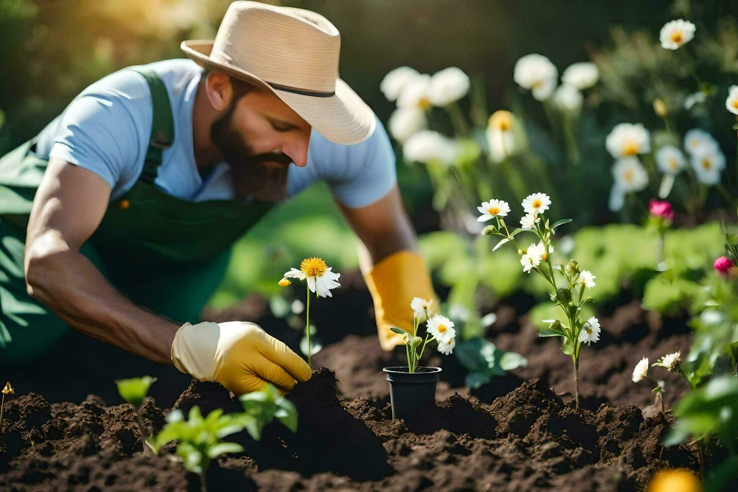 en man i ett förkläde är plantering blommor i de trädgård. ai-genererad foto