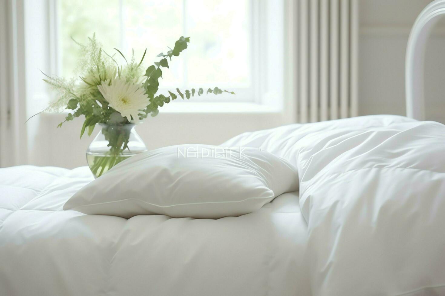 skön lyx bekväm vit kudde och filt på säng dekoration. lyx vit ner tröstare begrepp förbi ai genererad foto
