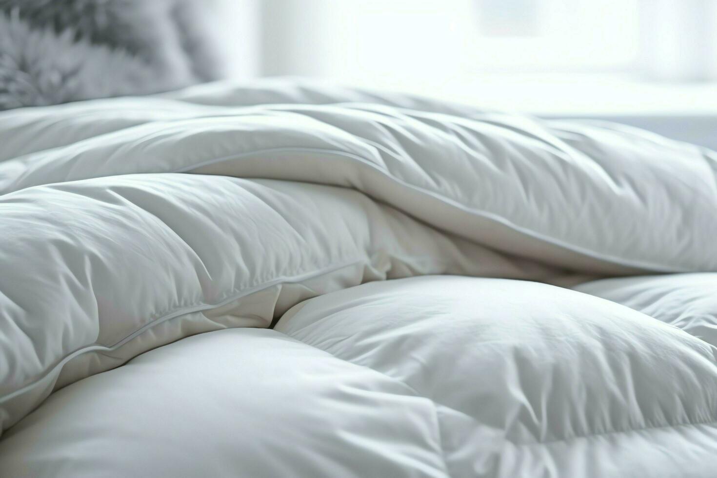 skön lyx bekväm vit kudde och filt på säng dekoration. lyx vit ner tröstare begrepp förbi ai genererad foto