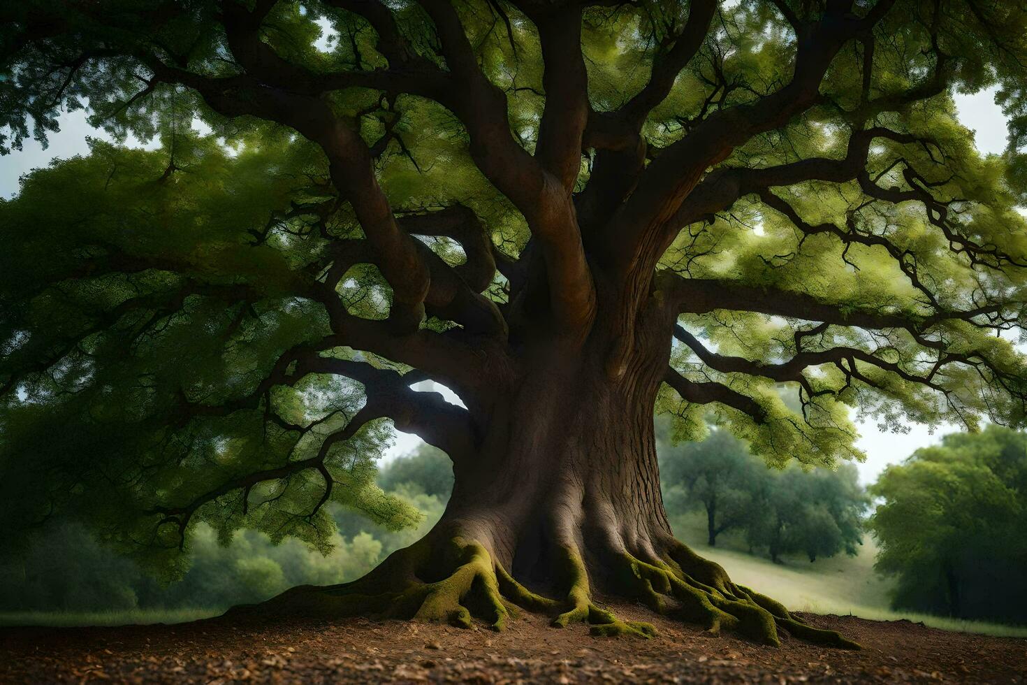 ett gammal ek träd i de skog. ai-genererad foto