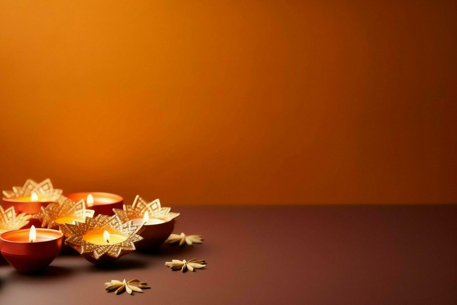 Lycklig diwali eller deepavali traditionell indisk festival med lera diya olja lampa. indisk hindu festival av ljus symbol med ljus och ljus. lera diya lampa belyst under diwali firande förbi ai genererad foto