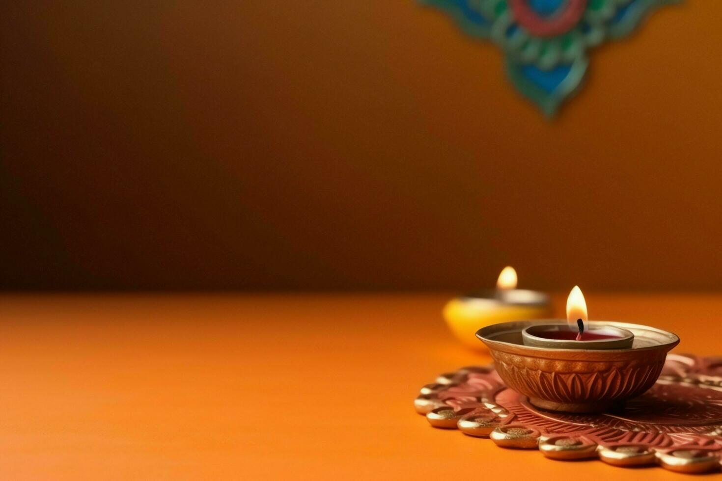 Lycklig diwali eller deepavali traditionell indisk festival med lera diya olja lampa. indisk hindu festival av ljus symbol med ljus och ljus. lera diya lampa belyst under diwali firande förbi ai genererad foto