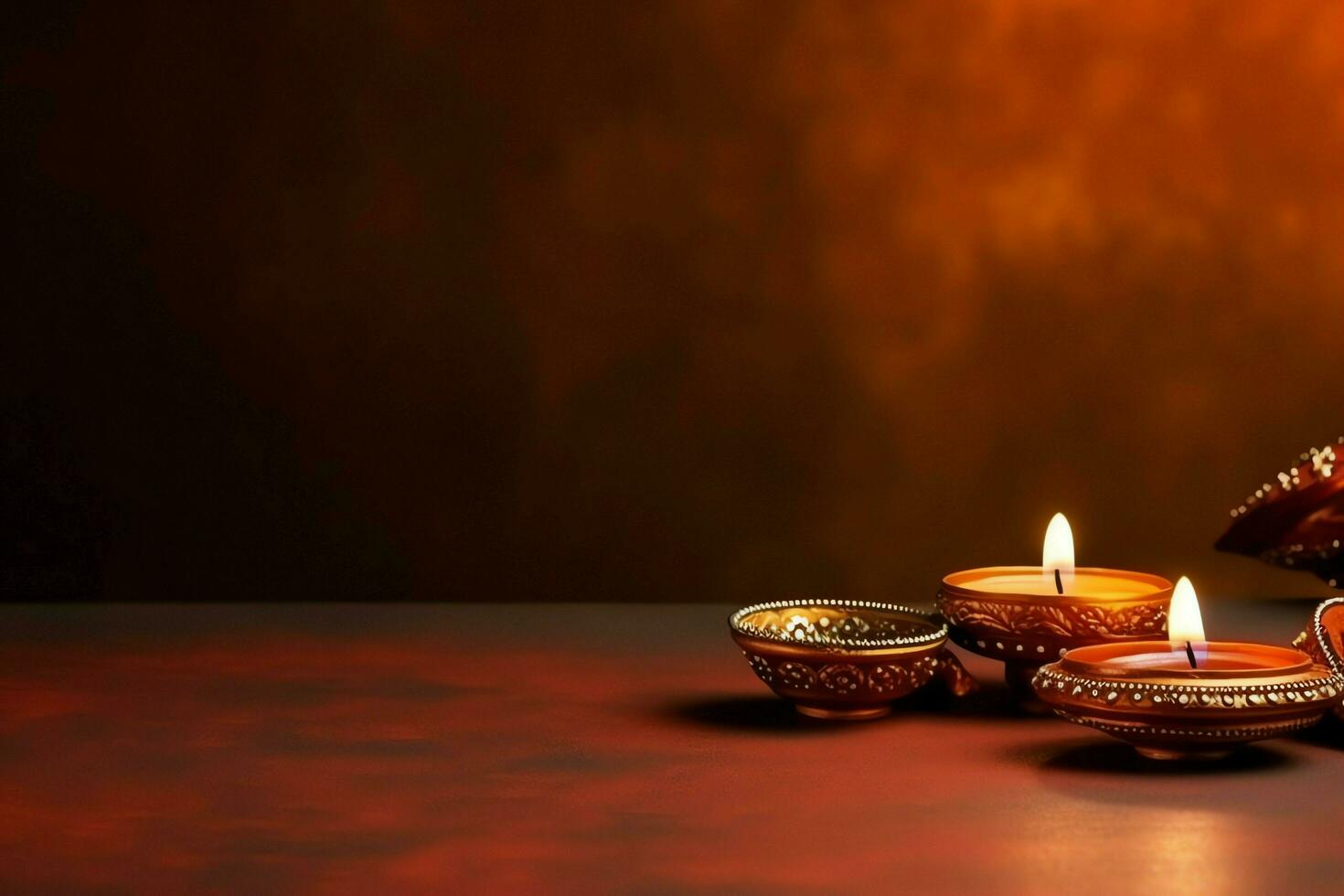 Lycklig diwali eller deepavali traditionell indisk festival med lera diya olja lampa. indisk hindu festival av ljus symbol med ljus och ljus. lera diya lampa belyst under diwali firande förbi ai genererad foto