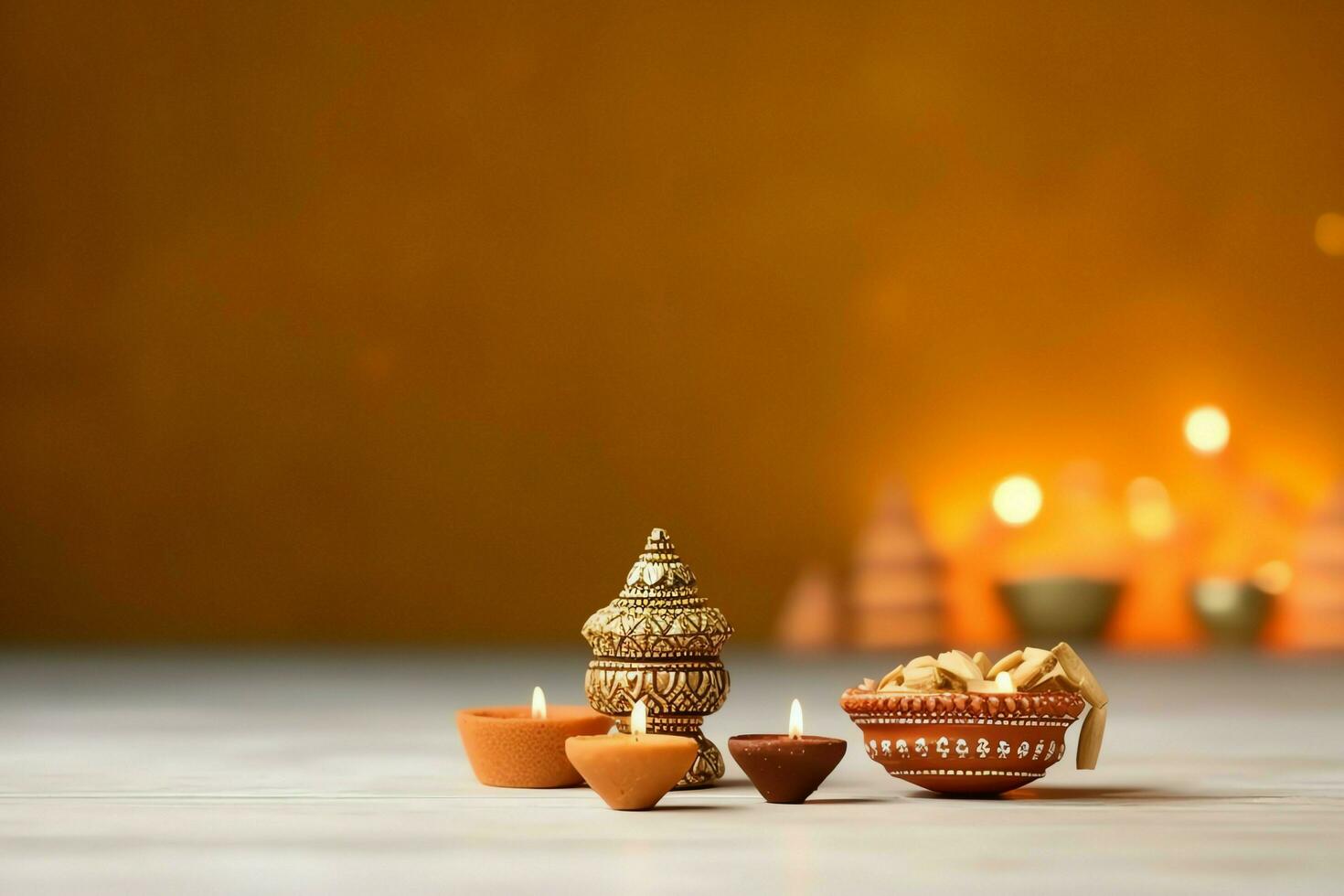 Lycklig diwali eller deepavali traditionell indisk festival med lera diya olja lampa. indisk hindu festival av ljus symbol med ljus och ljus. lera diya lampa belyst under diwali firande förbi ai genererad foto