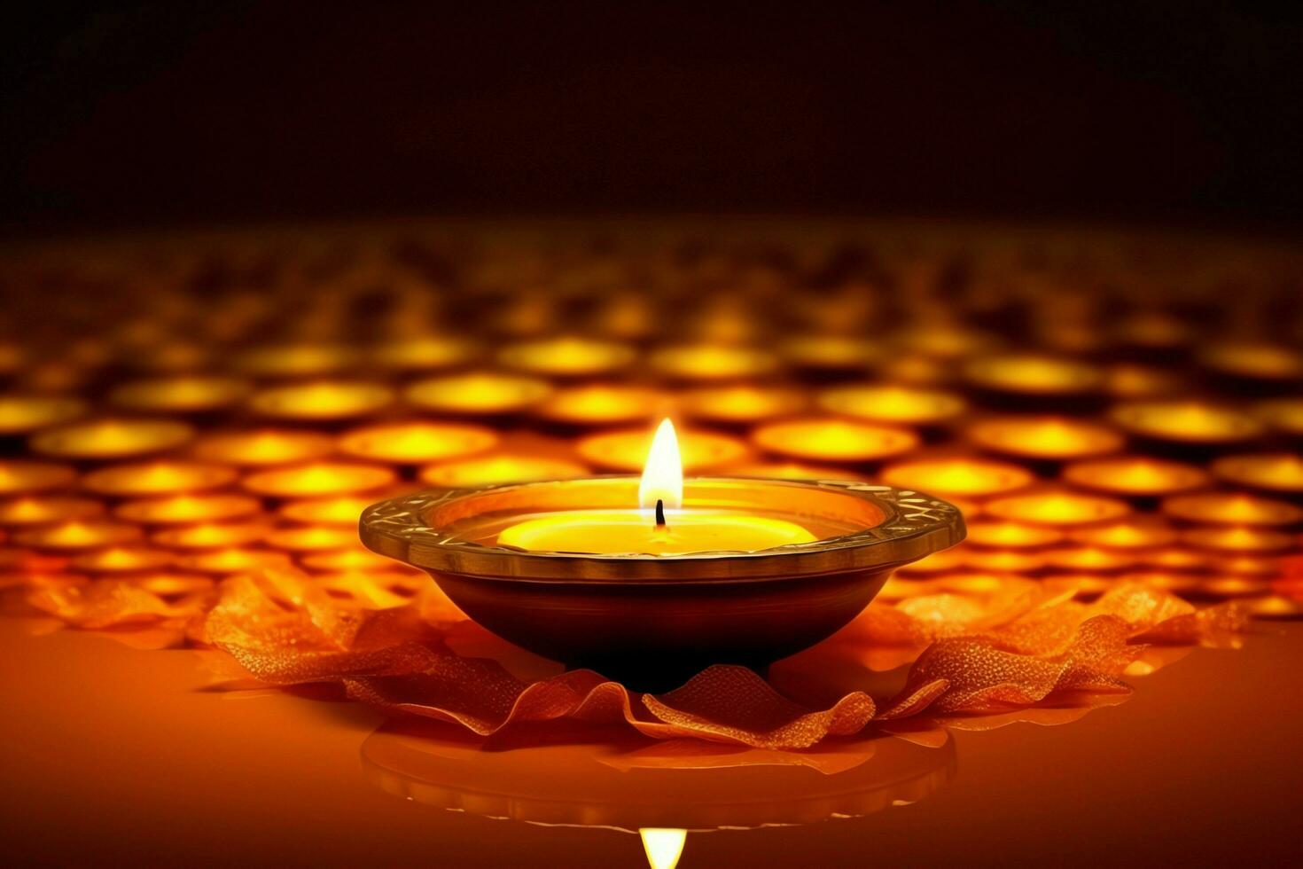 Lycklig diwali eller deepavali traditionell indisk festival med lera diya olja lampa. indisk hindu festival av ljus symbol med ljus och ljus. lera diya lampa belyst under diwali firande förbi ai genererad foto