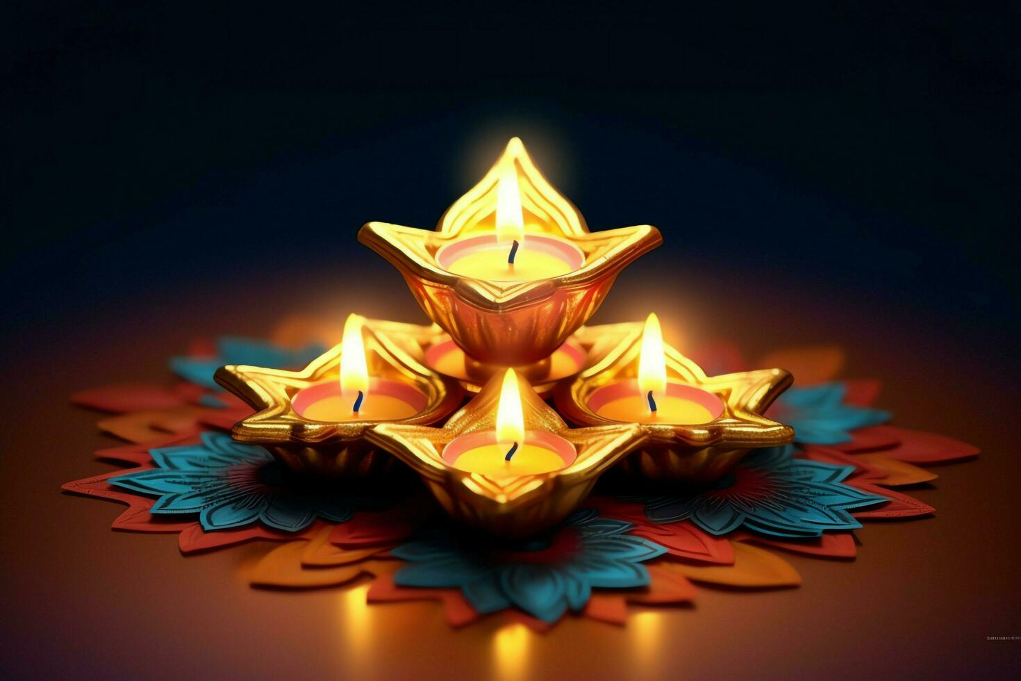 Lycklig diwali eller deepavali traditionell indisk festival med lera diya olja lampa. indisk hindu festival av ljus symbol med ljus och ljus. lera diya lampa belyst under diwali firande förbi ai genererad foto