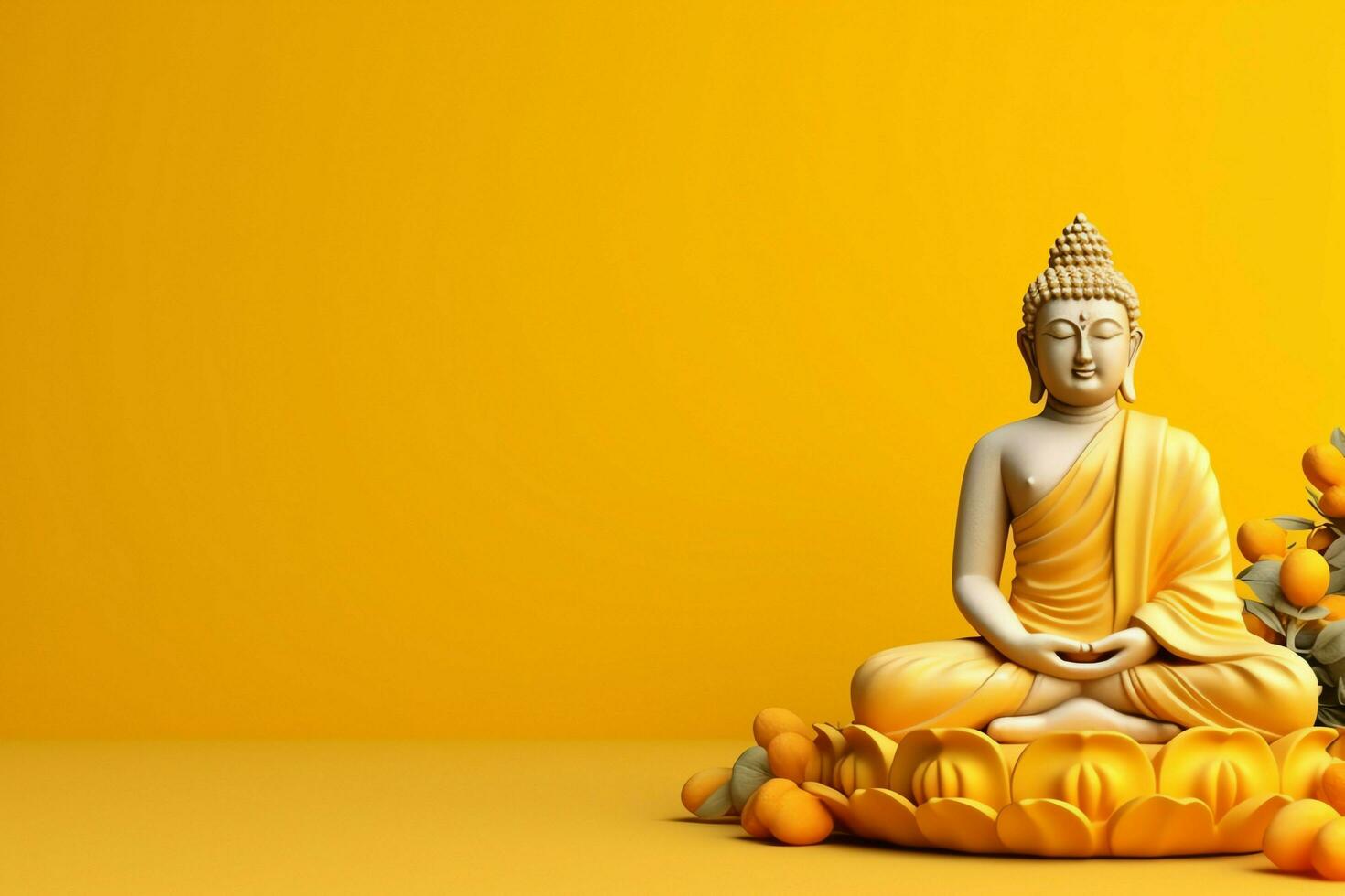 en buddha sitter i i Vesak buddha purnima dag med kopia Plats. bakgrund för Vesak festival dag begrepp. Vesak firande dag hälsningar begrepp förbi ai genererad foto