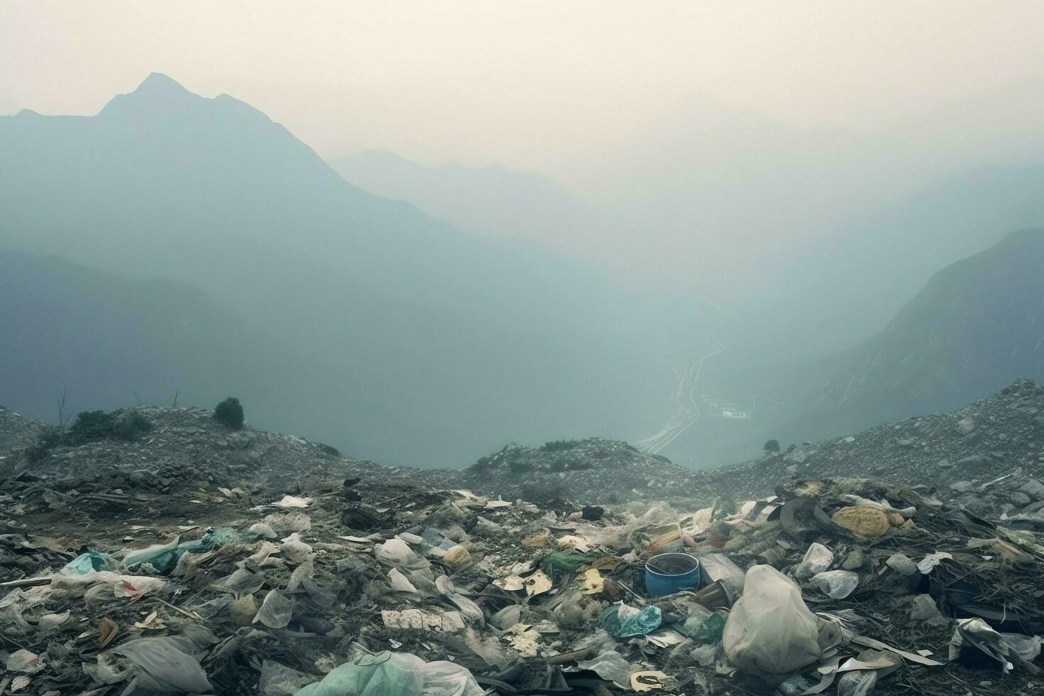 miljö- problem plast sopor eller skräp i de berg från global uppvärmning. förorening begrepp förbi ai genererad foto