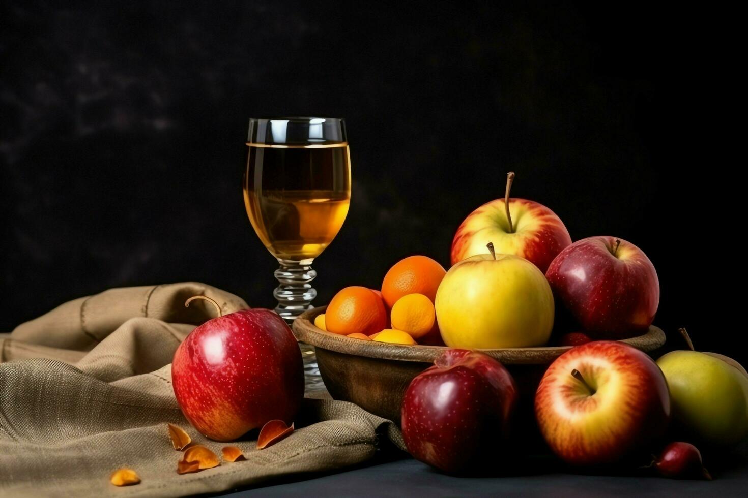 traditionell mat av jewish ny år Semester av tradition eller religion. rosh hashanah med kopia Plats begrepp förbi ai genererad foto