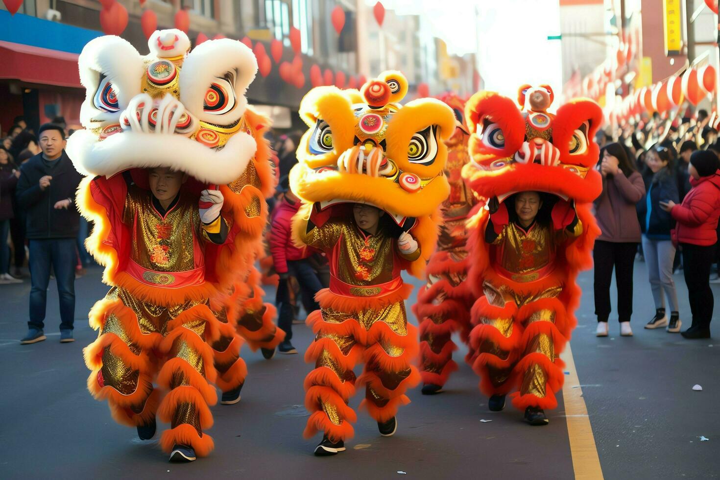 drake eller lejon dansa visa barongsai i firande kinesisk lunar ny år festival. asiatisk traditionell begrepp förbi ai genererad foto