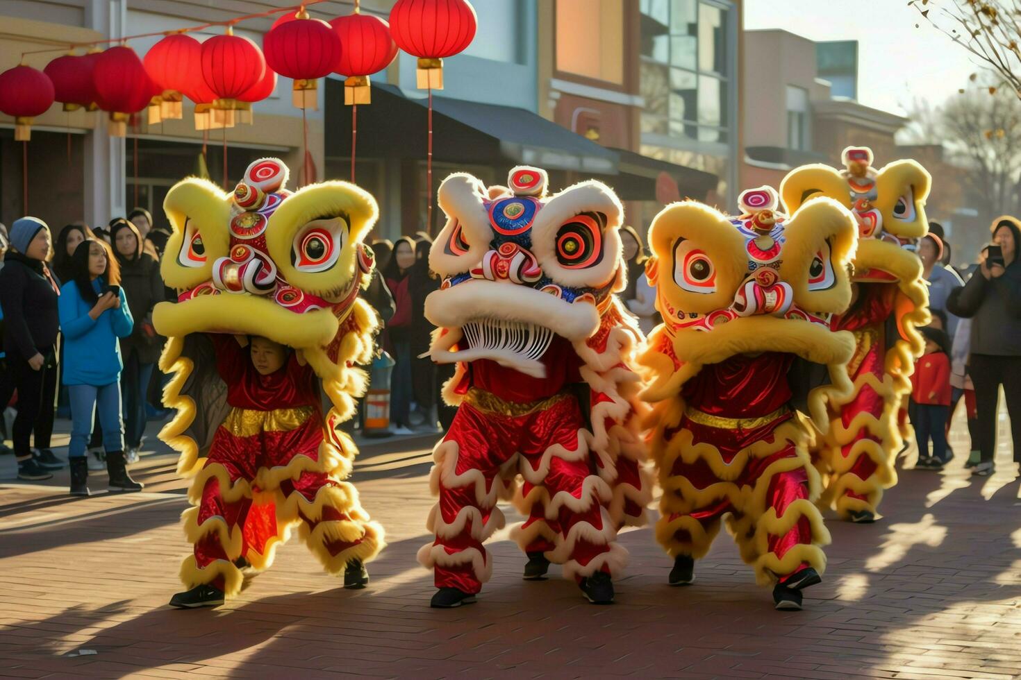 drake eller lejon dansa visa barongsai i firande kinesisk lunar ny år festival. asiatisk traditionell begrepp förbi ai genererad foto