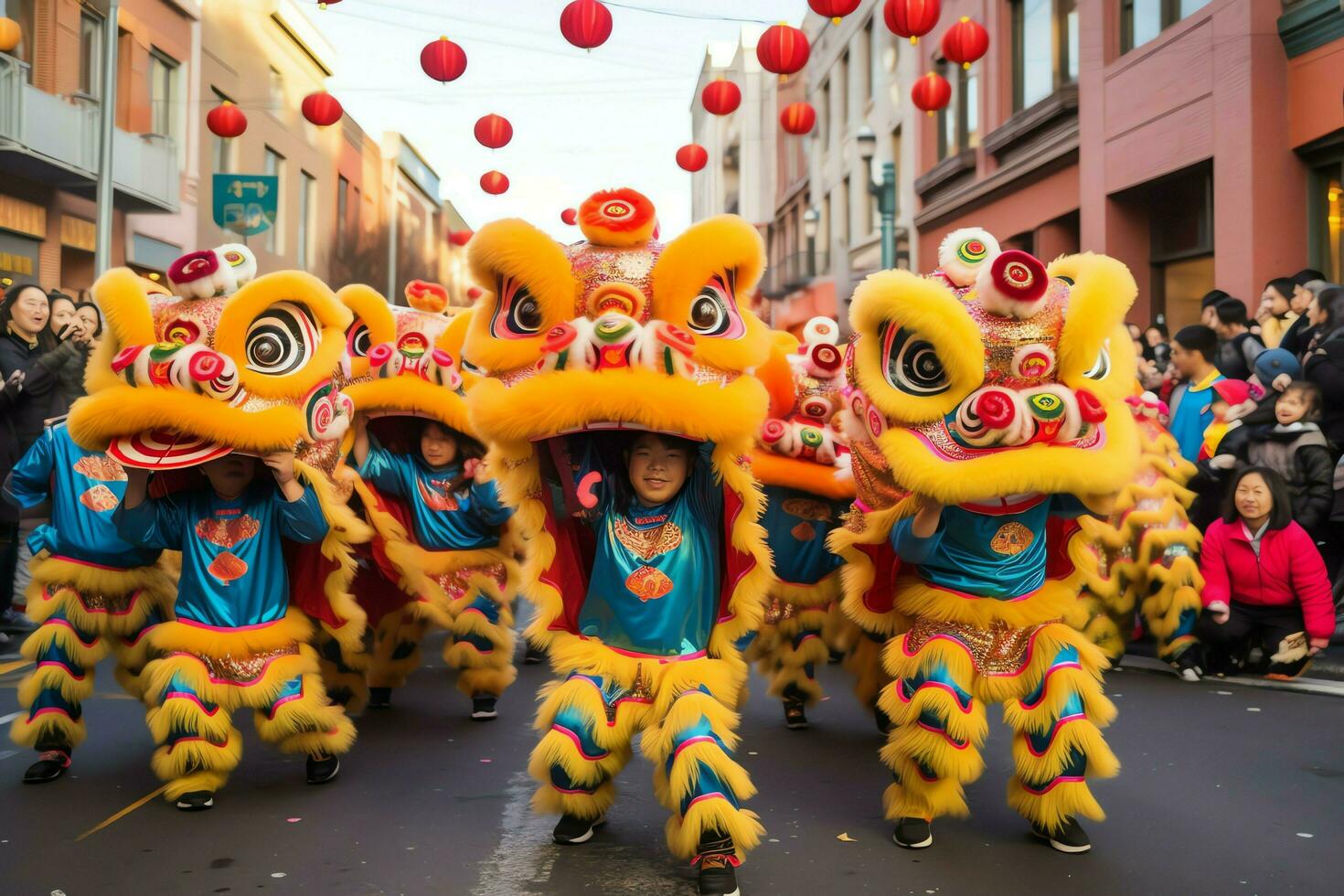 drake eller lejon dansa visa barongsai i firande kinesisk lunar ny år festival. asiatisk traditionell begrepp förbi ai genererad foto