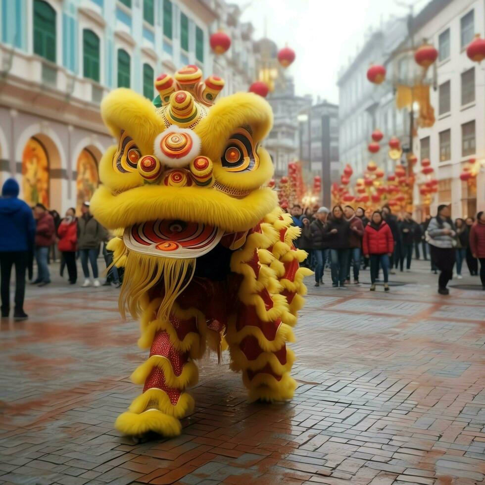 drake eller lejon dansa visa barongsai i firande kinesisk lunar ny år festival. asiatisk traditionell begrepp förbi ai genererad foto