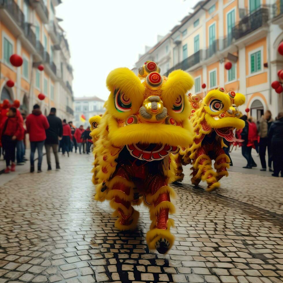 drake eller lejon dansa visa barongsai i firande kinesisk lunar ny år festival. asiatisk traditionell begrepp förbi ai genererad foto