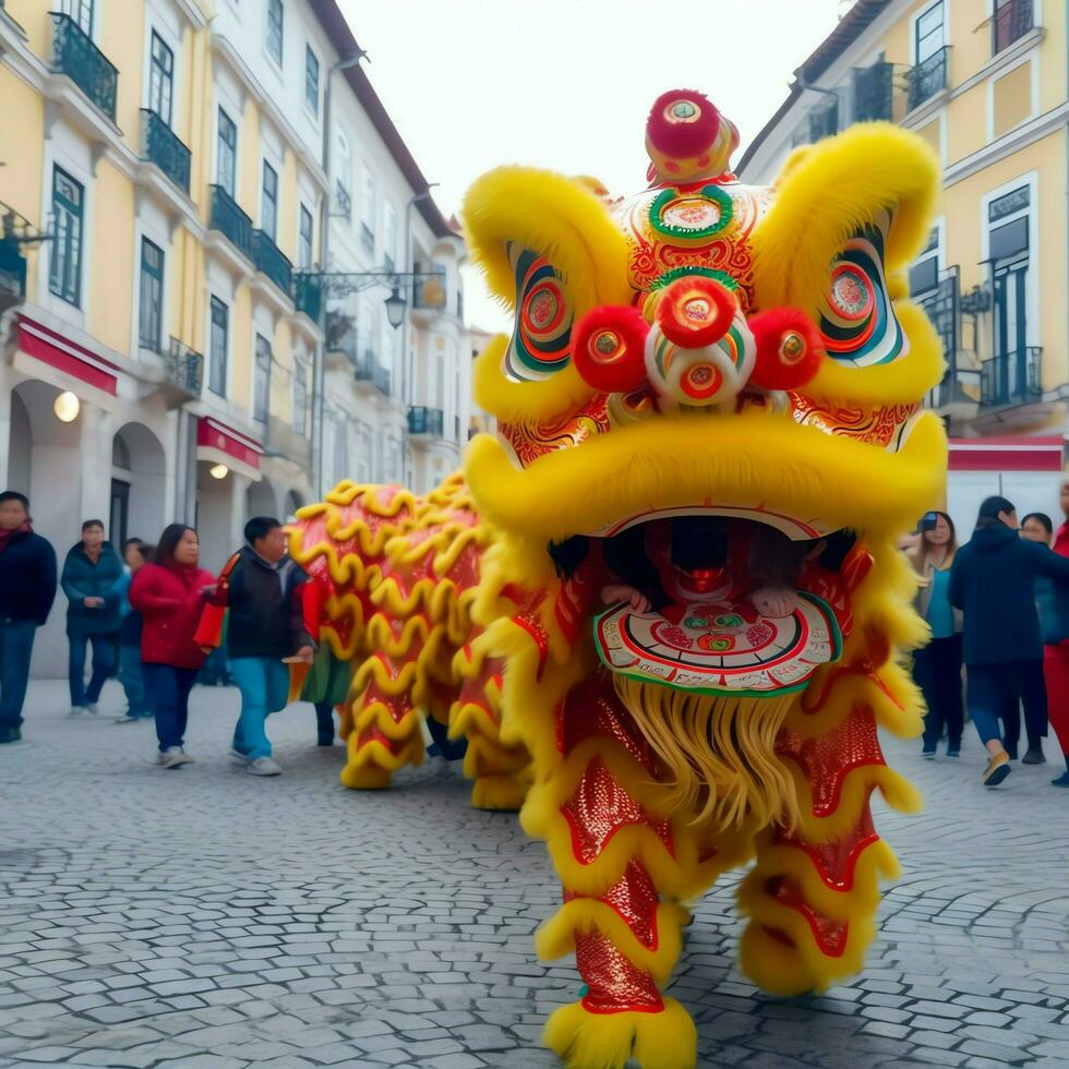 drake eller lejon dansa visa barongsai i firande kinesisk lunar ny år festival. asiatisk traditionell begrepp förbi ai genererad foto