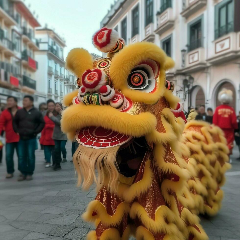 drake eller lejon dansa visa barongsai i firande kinesisk lunar ny år festival. asiatisk traditionell begrepp förbi ai genererad foto