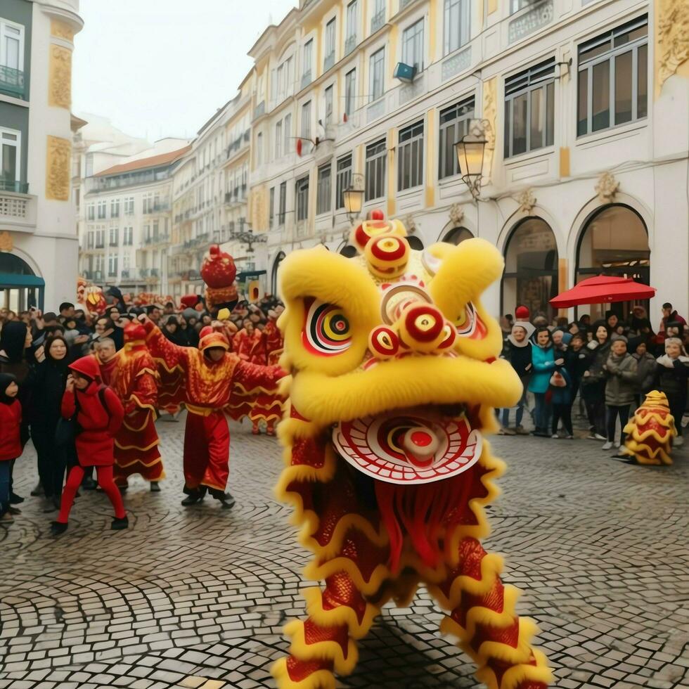 drake eller lejon dansa visa barongsai i firande kinesisk lunar ny år festival. asiatisk traditionell begrepp förbi ai genererad foto