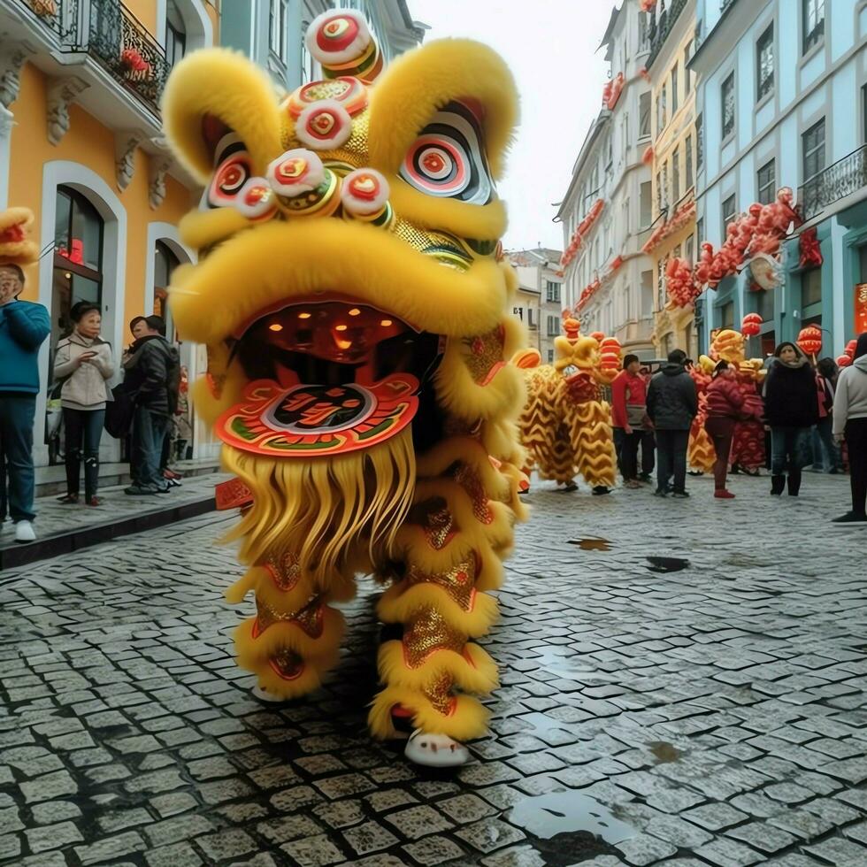 drake eller lejon dansa visa barongsai i firande kinesisk lunar ny år festival. asiatisk traditionell begrepp förbi ai genererad foto