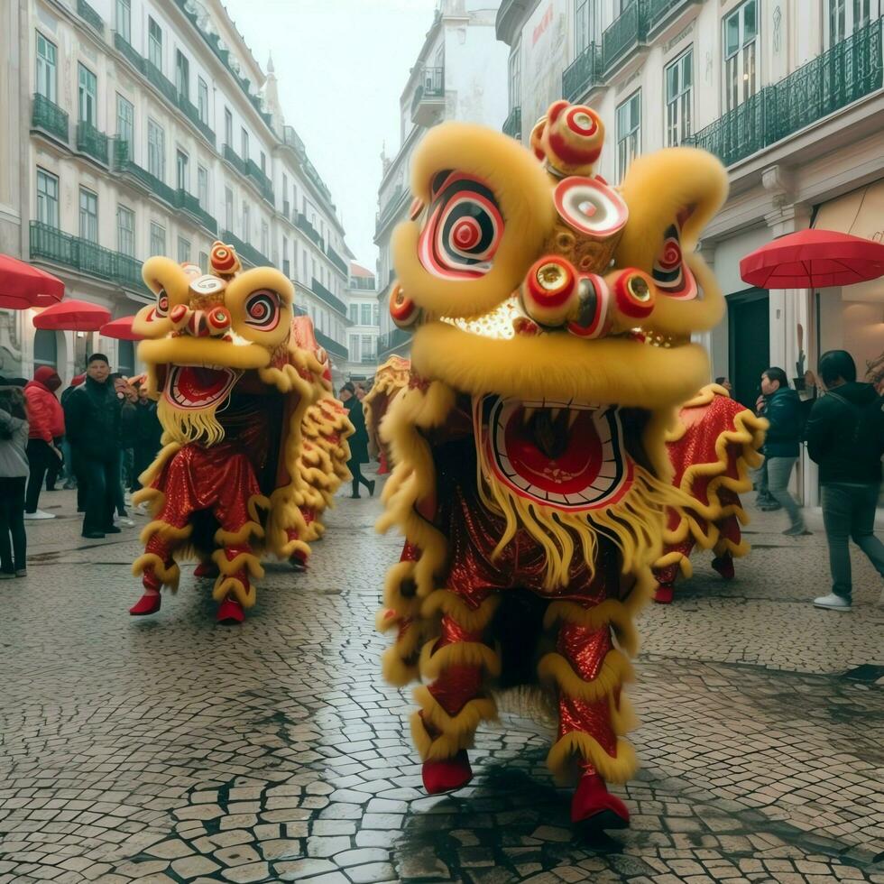 drake eller lejon dansa visa barongsai i firande kinesisk lunar ny år festival. asiatisk traditionell begrepp förbi ai genererad foto