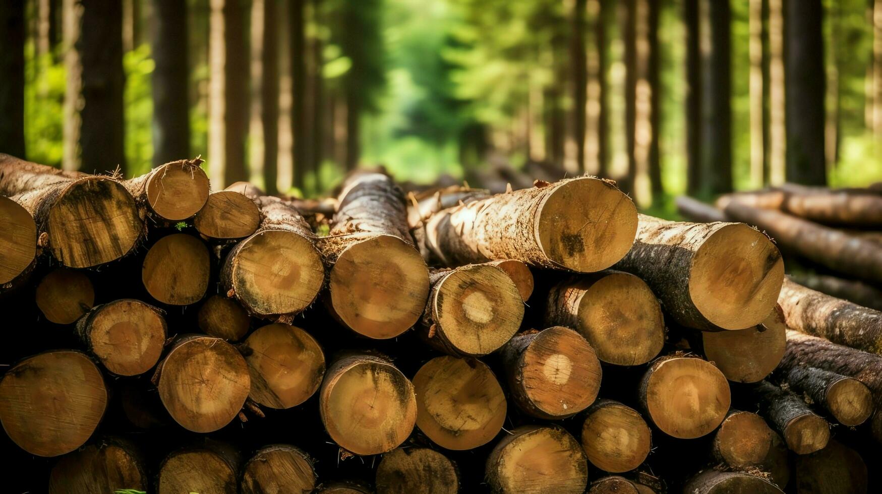 en stor cirkulär bit av trä, trä- trunk eller staplade träd virke för möbel industri. trä- logga begrepp förbi ai genererad foto