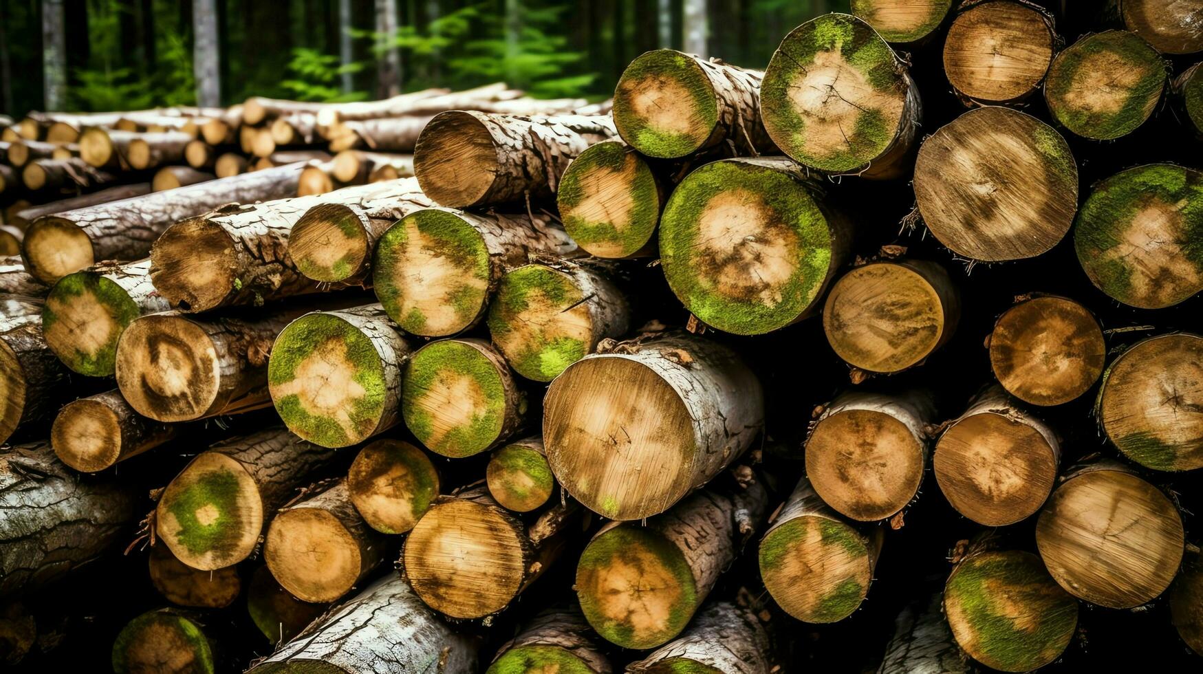 en stor cirkulär bit av trä, trä- trunk eller staplade träd virke för möbel industri. trä- logga begrepp förbi ai genererad foto