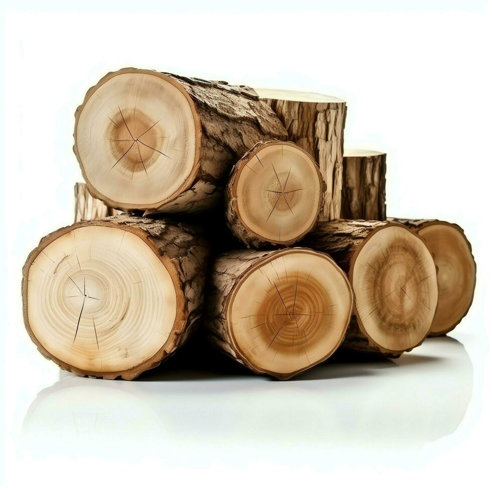 en stor cirkulär bit av trä, trä- trunk eller staplade träd virke för möbel industri. trä- logga begrepp förbi ai genererad foto