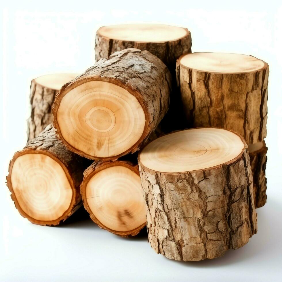 en stor cirkulär bit av trä, trä- trunk eller staplade träd virke för möbel industri. trä- logga begrepp förbi ai genererad foto