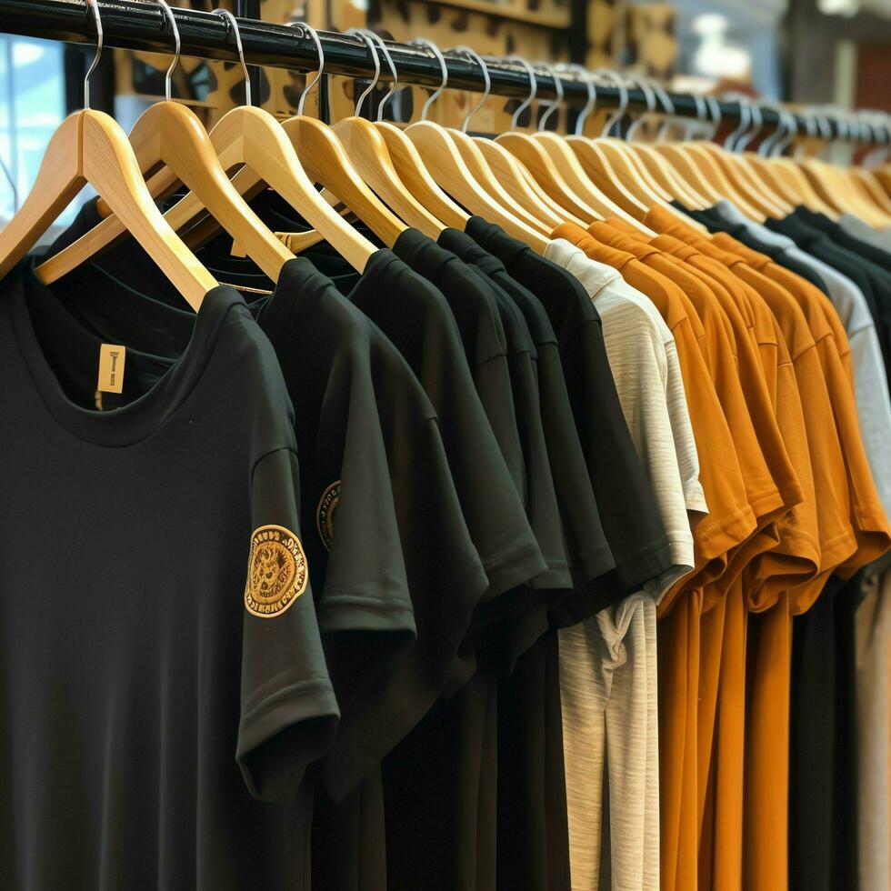 rad av modern polo t-tröjor för man på trä- galge eller kuggstång i en Kläder boutique detaljhandeln affär begrepp förbi ai genererad foto