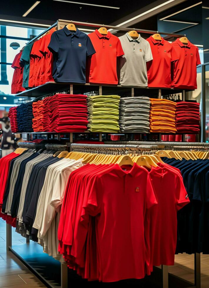 rad av modern polo t-tröjor för man på trä- galge eller kuggstång i en Kläder boutique detaljhandeln affär begrepp förbi ai genererad foto