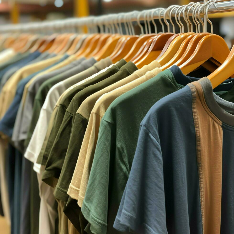 rad av modern polo t-tröjor för man på trä- galge eller kuggstång i en Kläder boutique detaljhandeln affär begrepp förbi ai genererad foto