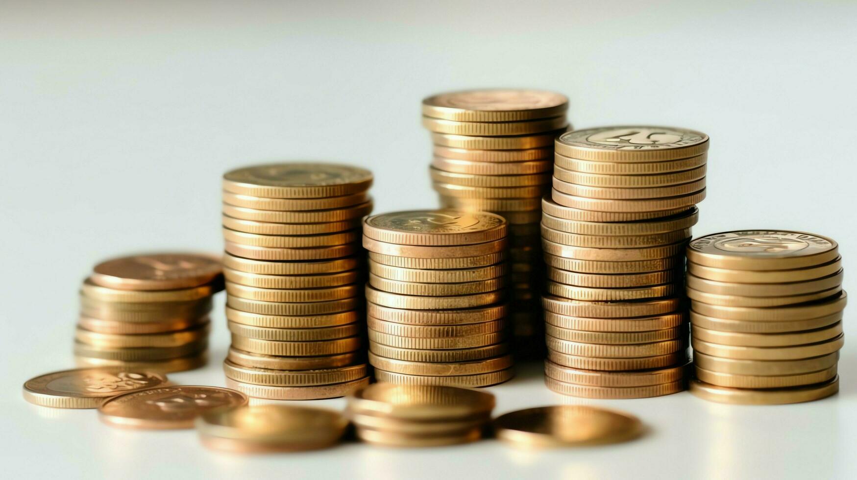 stackar av besparingar mynt anordnad i stigande beställa på trä- arbetssätt tabell eller hög mynt torn representerar de rikedom begrepp förbi ai genererad foto