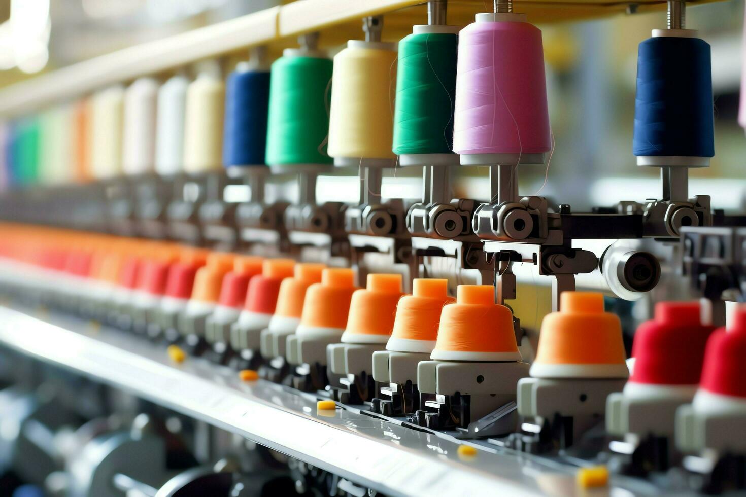 textil- trasa fabrik industri med broderi maskin, stickning eller spinning. sömnad tråd företag begrepp förbi ai genererad foto