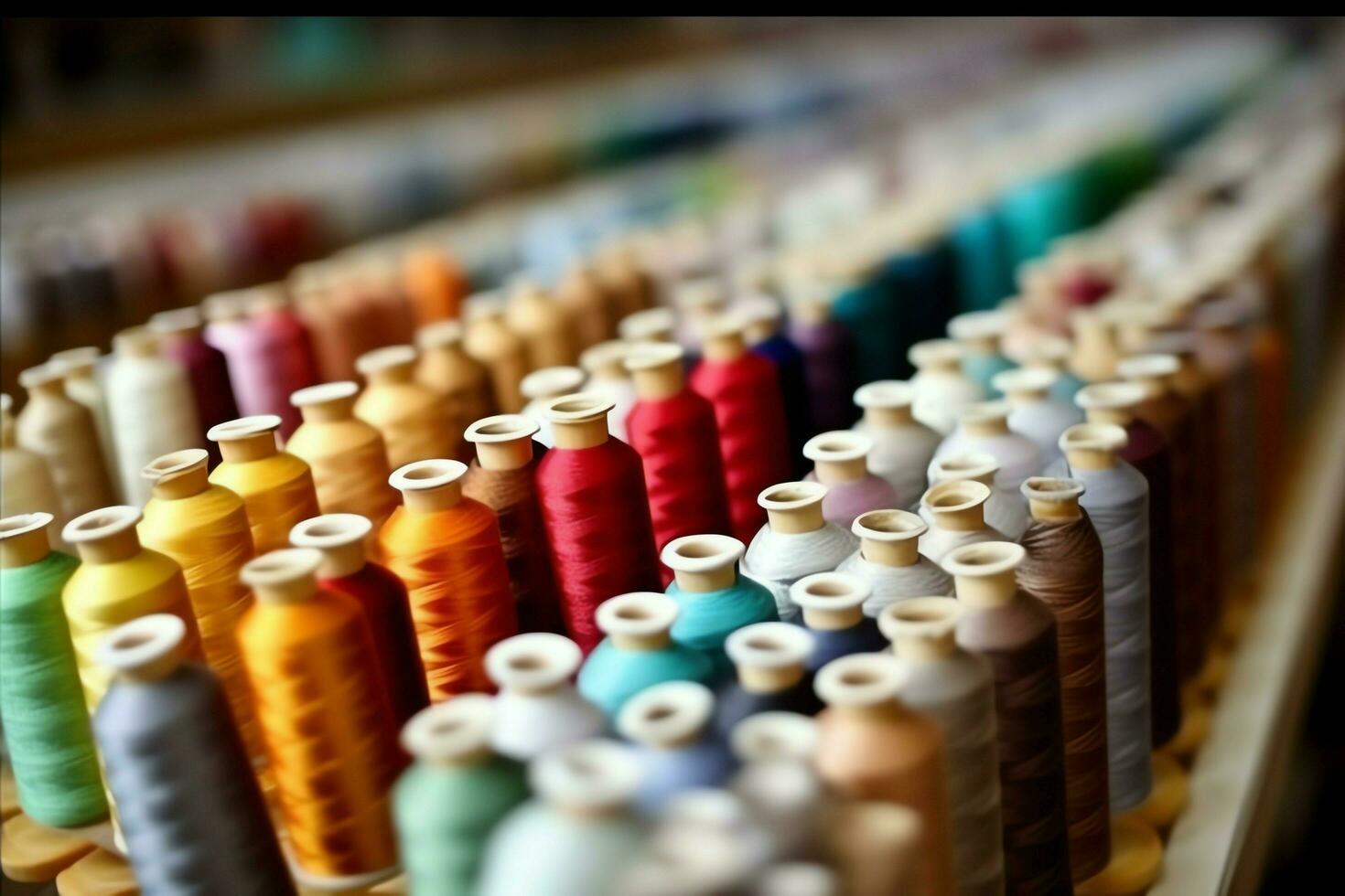 textil- trasa fabrik industri med broderi maskin, stickning eller spinning. sömnad tråd företag begrepp förbi ai genererad foto