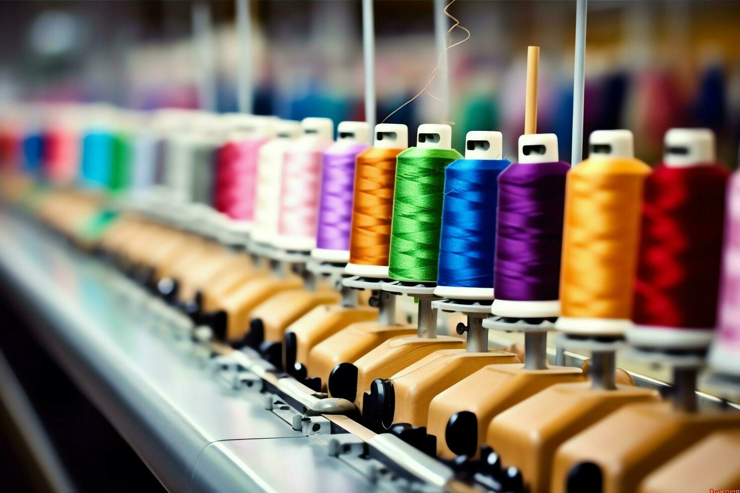 textil- trasa fabrik industri med broderi maskin, stickning eller spinning. sömnad tråd företag begrepp förbi ai genererad foto