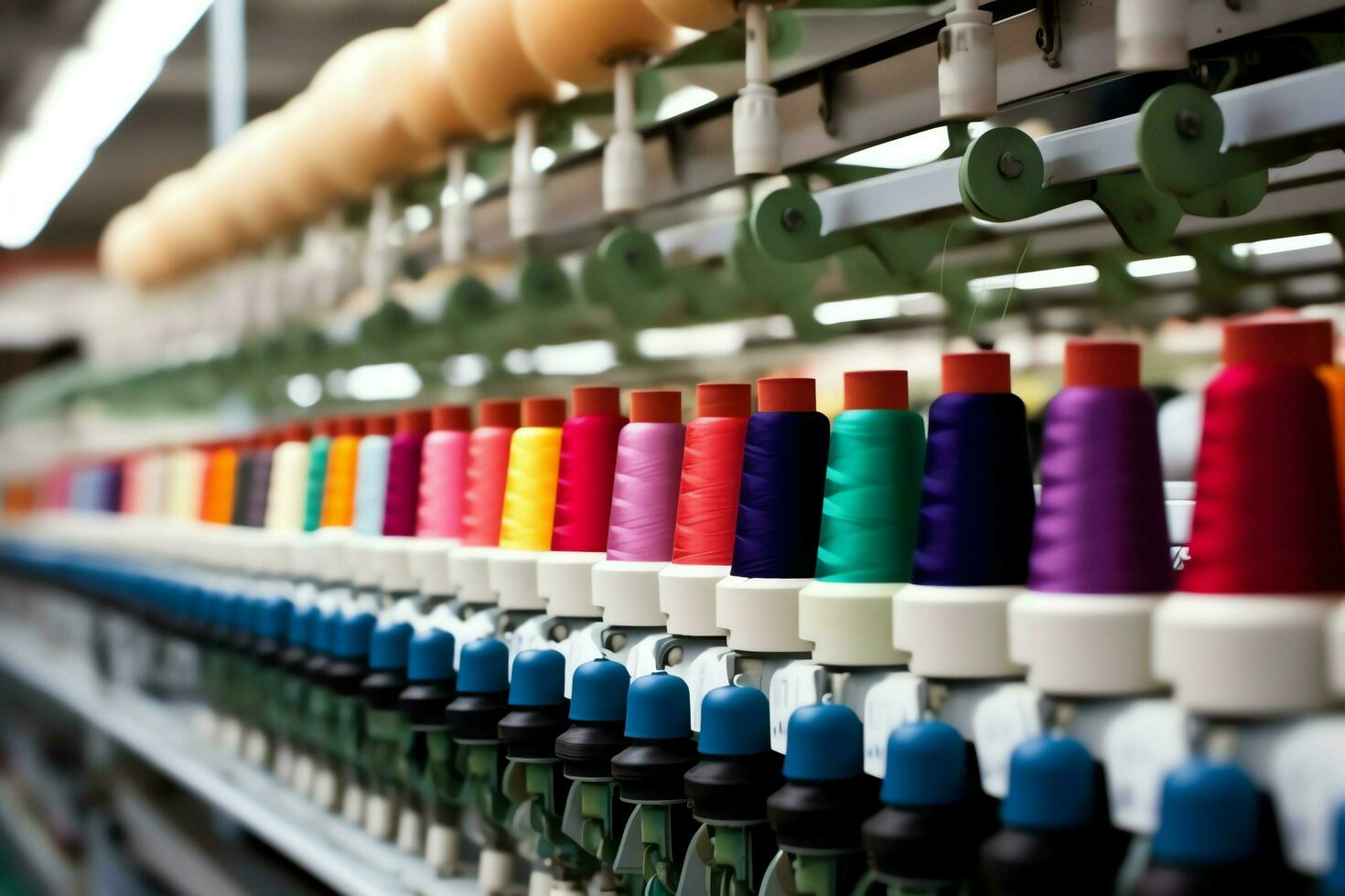 textil- trasa fabrik industri med broderi maskin, stickning eller spinning. sömnad tråd företag begrepp förbi ai genererad foto